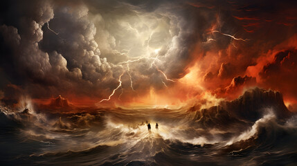 The Red Sea splitting and Moses walking across on dry land