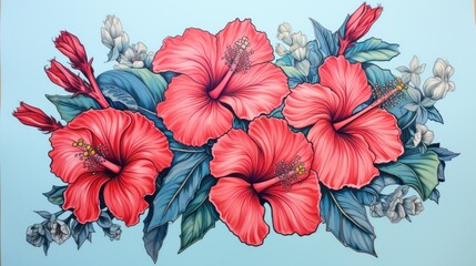  a painting of a bunch of red flowers on a blue background with leaves and flowers on the bottom of the picture.