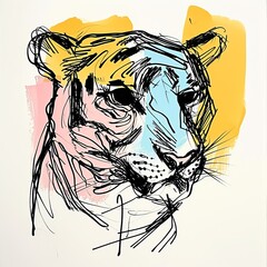 Five colours, Tiger illustration, black line drawn Tiger, poetic visual language, post-internet art, raw sketch, hand drawn, simple line drawing, art, arty, colourful sketch, avatar, coloring pages