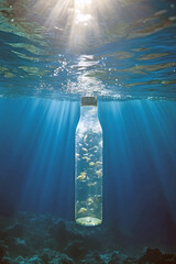 rubbish bottle floating around below the water surface,