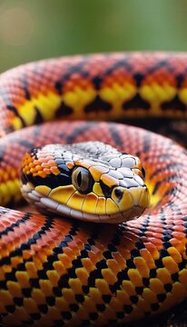 beautiful snake Rainbow boa, close-up of bright color on a blurred background. Wildlife concept