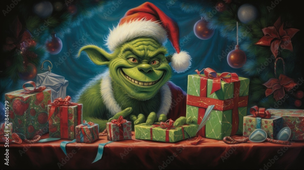 Poster a painting of a griny grin with presents on a table in front of a christmas tree with a santa hat.