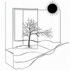 Minimalist Line Drawing, Abstract Modern Art, Window with Lone Tree and Sun, Minimalism, Black and White, Hand Drawn, Coloring Page, Printable, Background, Wallpaper, Simple Design, Graphic Element