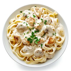 Tagliatelle chicken Alfredo isolated on white