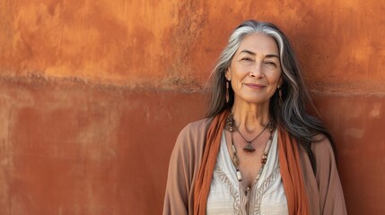 a beautiful 70 year old hispanic woman, dress in nice simple clothes, with a rust background, copy space 