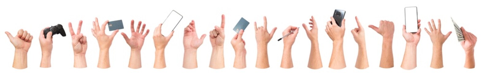 Big various hand gesture collection. Hold in hand money, smartphone, credit card.