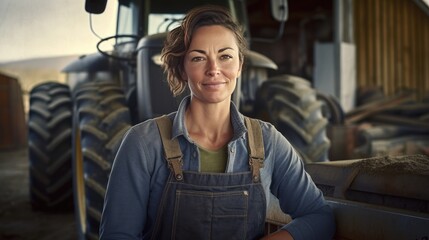 American middle age female farmer standing next to the tractor