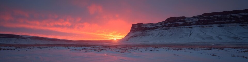 Fototapeta premium Arctic Sunset Panorama with Snowy Landscape and Pink Sky