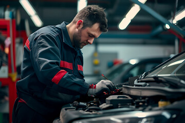 Fototapeta na wymiar auto mechanic repairs a car at a car repair center