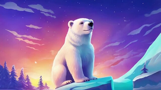 Polar Bear Looking at the Northern Lights Under the Night Sky