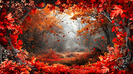 Autumn Forest with Sunlit Trees, Fall Foliage and Seasonal Nature, Sunlight Park and Yellow Landscape, Orange and Red Beauty, Wood Scene and Bright Background