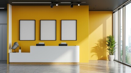 corporate branding light yellow blank frame mockup with modern business offices reception background 