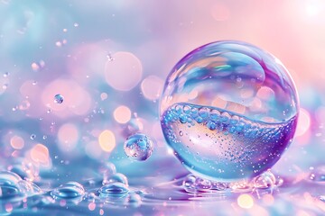 Cosmetic essence and liquid bubble, molecule inside liquid bubble on dna water splash blue background