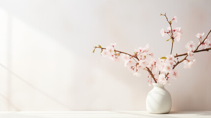 花瓶に差した桜。白い壁の前。日差し。バナー背景