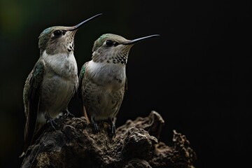 Two Hummingbird standing on old log with black background AI Generative