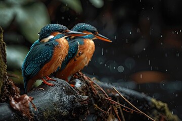 A couple of Common Kingfisher standing in wood root in the rain forest AI Generative