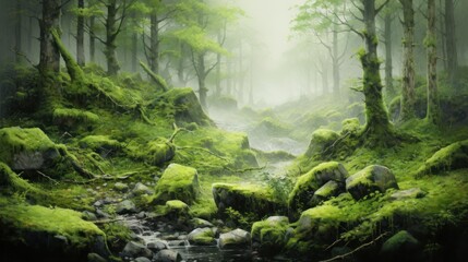  a painting of a stream running through a forest filled with green mossy rocks and trees with a foggy sky in the background.