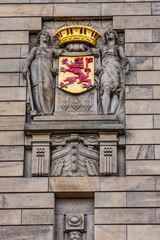 Obraz premium Architectural fragments of Rotterdam City Hall (Stadhuis van Rotterdam) at Coolsingel. Rotterdam City Hall is one of the few old buildings left in the centre of the city. Rotterdam, The Netherlands.