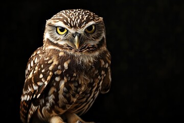 Side view of Burrowing Owl isolated on black background AI Generative