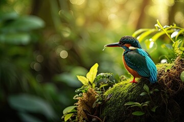 Fototapeta premium Right side view of Common Kingfisher standing on mossy stone in the forest AI Generative