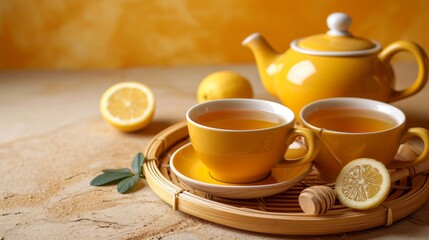 Fototapeta premium lemon honey in tea cups with a teapot on a bamboo tray, amber background with copy space