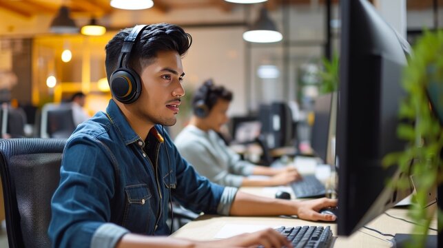 Hispanic Customer Support Representative Working On Desktop PC In Office 