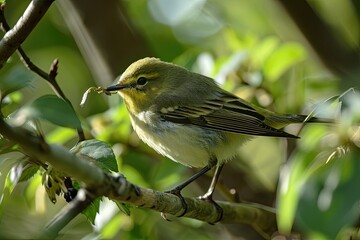 Obraz premium Portrait of Green Warbler standing on wood branch with light exposure AI Generative