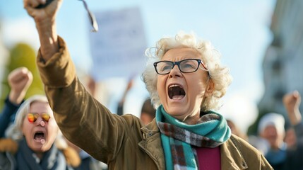 Fototapeta premium senior citizen activist shouting for their cause among people demonstration protester, copy space 