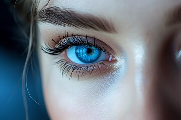 Fototapeta premium the macro blue eyes of a young woman with beautiful lashes