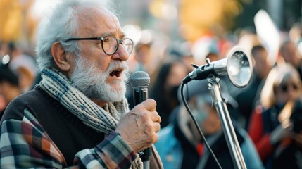 senior citizen activist speaking for their cause among people demonstration protester, copy space  