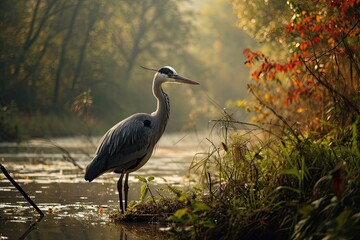 Grey Heron standing on the river forest with light exposure AI Generative