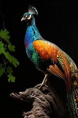 Obraz premium Beautiful of Javan Peacock with beautiful feather standing on the old wood AI Generative