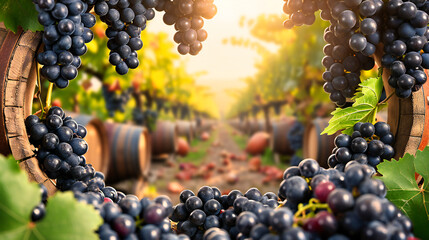 Wine Harvest in Nature, Ripe Grapes on Vine, Autumn Vineyard Landscape, Farming and Agriculture, Sunset and Fresh Produce, Seasonal and Rustic Winery Scene - obrazy, fototapety, plakaty
