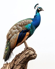 Obraz premium Indian Peacock perched on old log isolated on white AI Generative