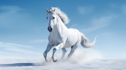 Fototapeta premium a white horse running in the snow on a sunny day with a blue sky and white clouds in the background.