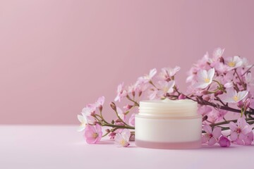 Obraz na płótnie Canvas Cream jar on pink with flowers.