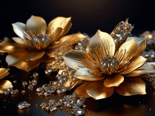 Metallic golden floral fantasy design luxury background. Generative ai