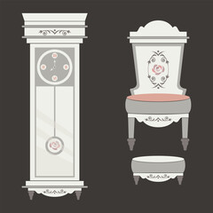 watch clocks arm chair vector illustration cute baroque, shabby chic or classic style luxury interior cabinets vintage