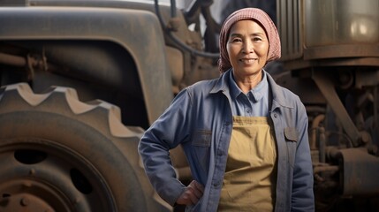 Asian senior female farmer standing next to the tractor 