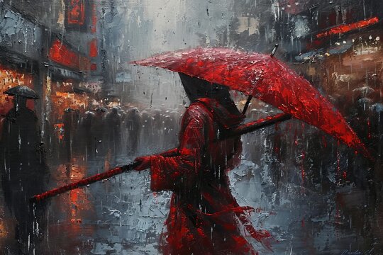 An oil painting umbrella ninja red girl on canvas generative ai