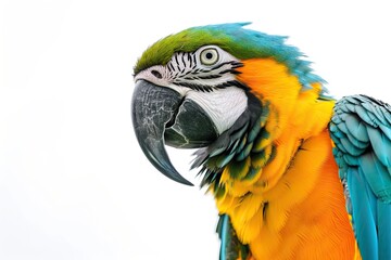 Portrait right side view of Blue and Gold Macaw on white background AI Generative