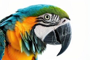 Obraz premium Portrait macro side view of Blue and Gold Macaw on white background AI Generative