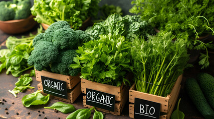 Organic broccoli and parsley, bio labeled, in rustic wooden crates.