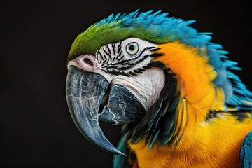Obraz premium Portrait close up capture of Blue and Gold Macaw on a black background AI Generative