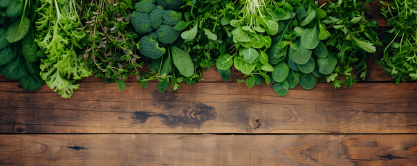 Verdant selection of vegetables on timber, ideal for vegan nourishment. Copy space, banner