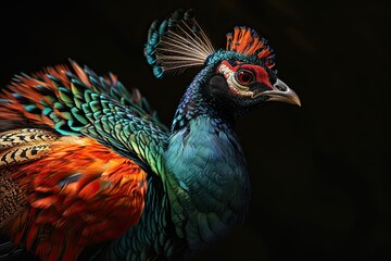 Obraz premium Beautiful side view of Bornean Peacock Pheasant on the black background AI Generative