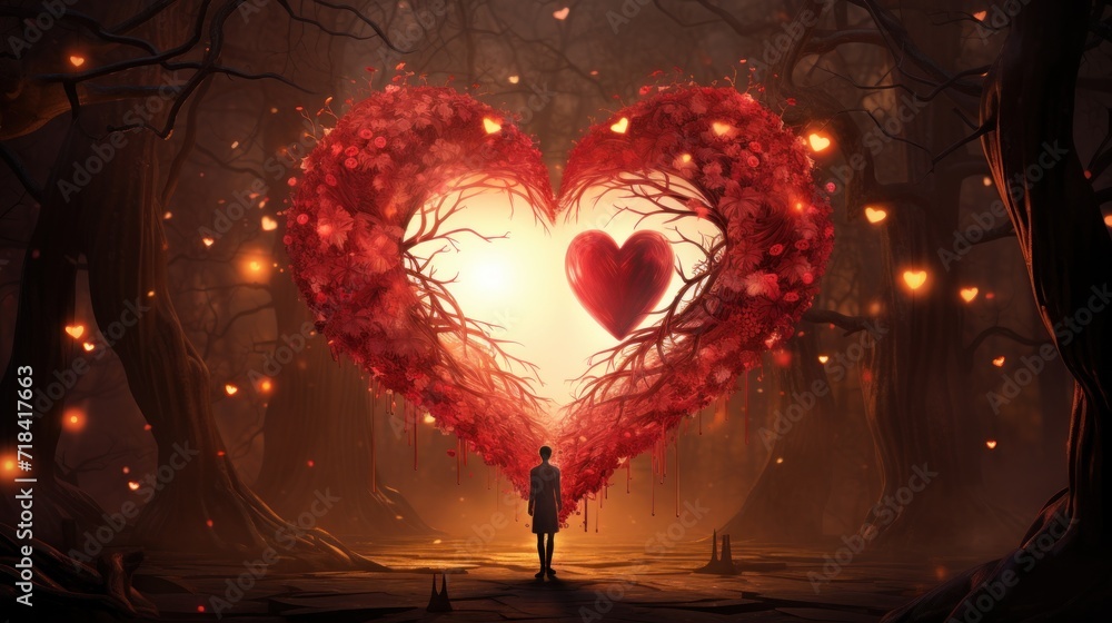 Poster a person standing in the middle of a forest with a heart - shaped object in the middle of the image.