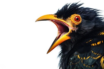 Angry pose of Hill Myna on white background AI Generative