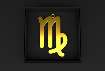 A golden Virgo zodiac pendant rests in an elegant black box against a black background, exuding...