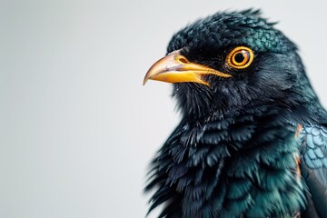 Obraz premium Beautiful captured of Hill Myna with yellow eyes on the grey background AI Generative